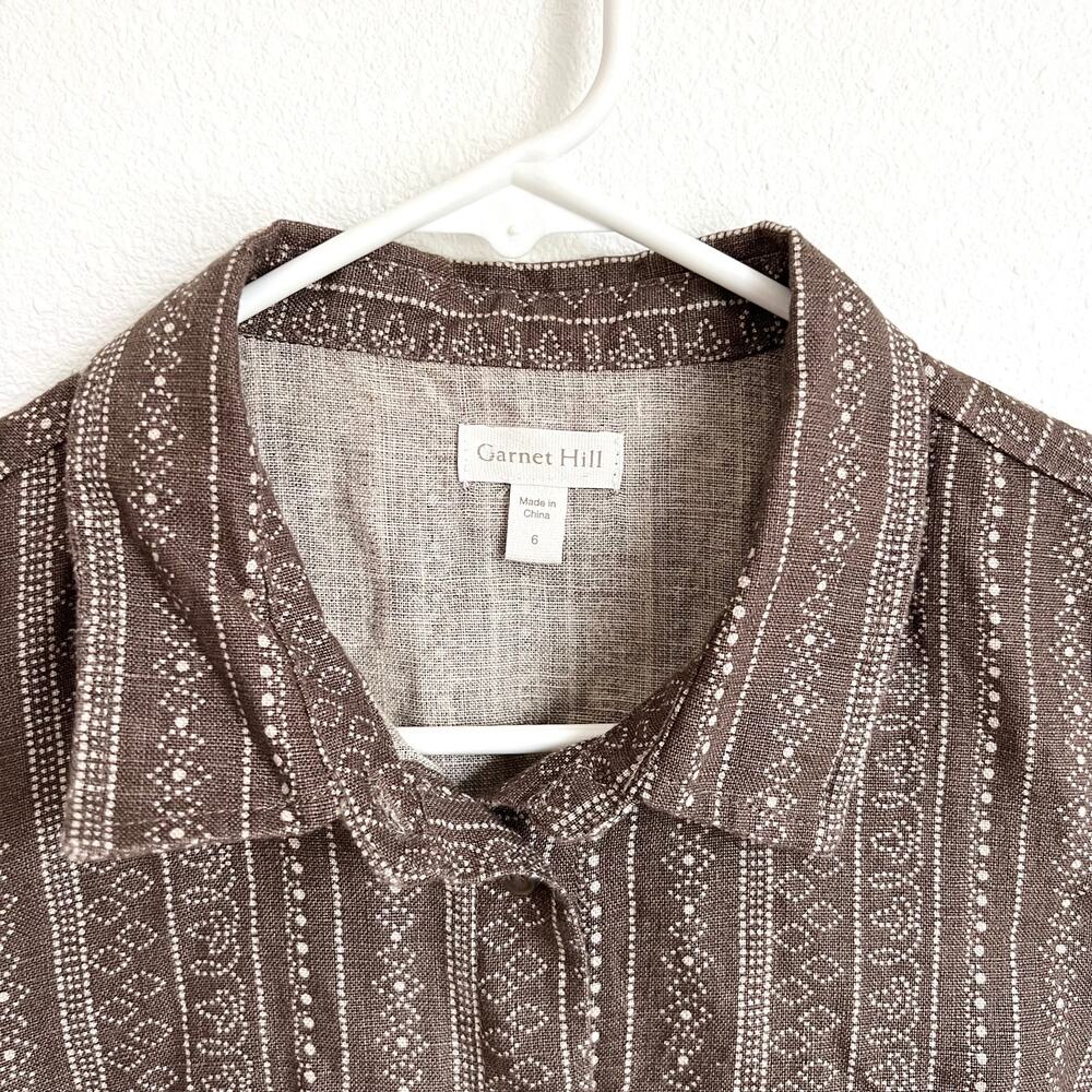 Garnet Hill Sleeveless 100% Linen Brown Patterned Button Dress Women’s 6 - Picture 6 of 9